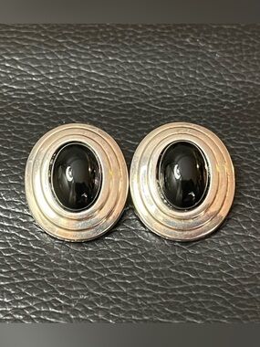 Vintage Chirstian Dior Silver-Tone Black Cabochon Oval Clip Earrings